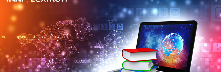Digital library and online education concept - laptop computer with colorful books. 3d rendering