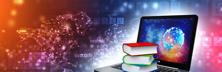 Digital library and online education concept - laptop computer w